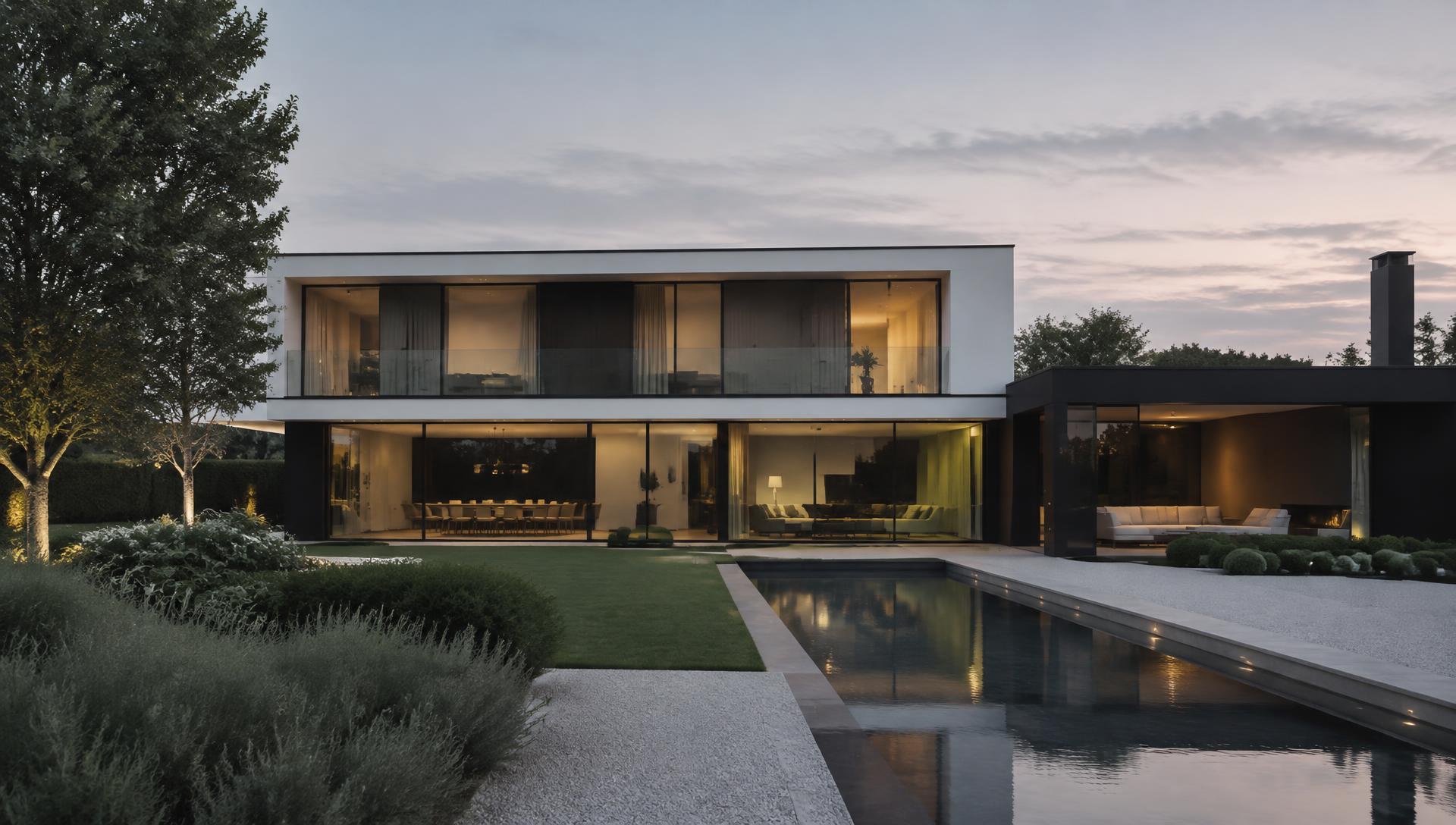 Moderne villa met glazen gevel in de schemering (voorbeeldbeeld)
