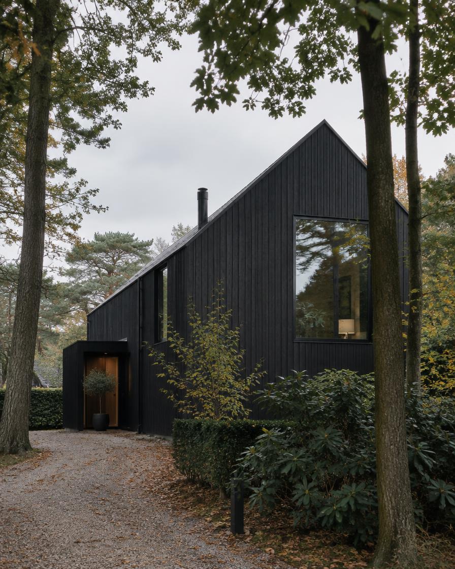 Houten woning tussen bomen (voorbeeldbeeld)